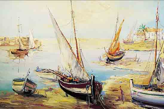 WERRN, C., MITTE 20. JH., SEGELBOOTE BEI EBBE VOR SüDLICHER MEERESKULISSE, ÖL/LWD., SIGN., 60 X 80 CM, R.