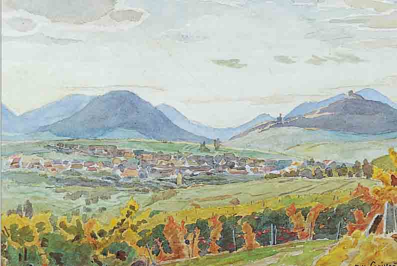 CROISSANT, AUGUST, 1870 LANDAU-1941 EDENKOBEN, BLICK AUF EIN PFäLZER DORF, MEHRFARBIGES AQUARELL, RE. U. SIGNIERT UND DATIERT 35, CA. 30 X 40 ...