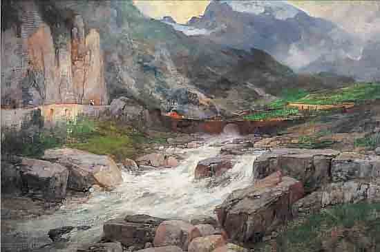 HESSE, GEORG, 1845 BERLIN-1920 BERLIN, HOCHGEBIRGSTAL MIT WILDBACH, ÖL/LWD, RE. UNTENSIGN., M. CA. 102 X 128 CM, R.