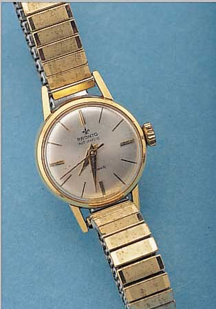 PRONTO DAMENARMBANDUHR AUTOMATIK, REF.-NR. 87308, SCHWEIZ UM 1966, GG 585/000, BODEN U. GLASR. GEDR., ZUGGLIEDERB. SPäTER, BLATT VERS., 21 ...