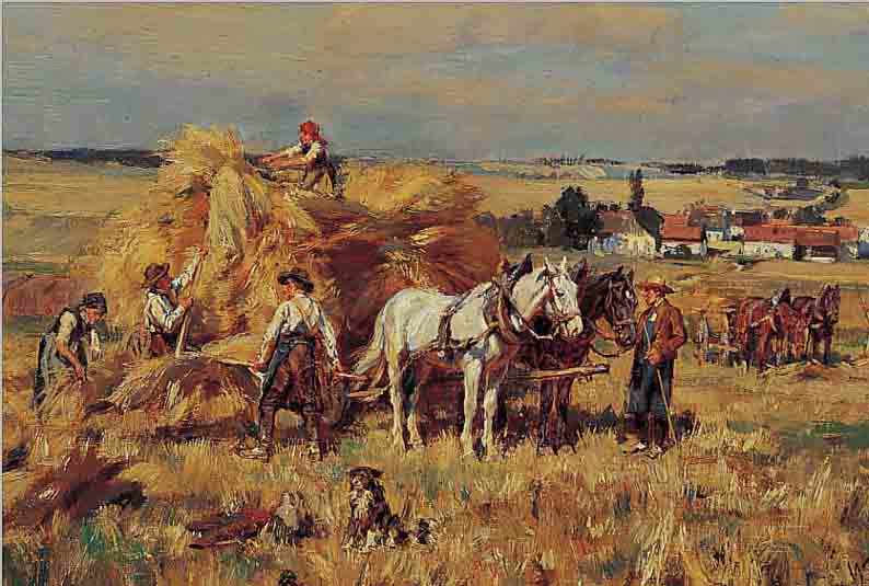 VELTEN, WILHELM, 1847 ST. PETERSBURG-1929 MüNCHEN, VIELFIGURIGE SZENE BEI DER HEUERNTE, ÖL/HOLZ, RE. U. ...