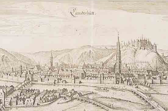 KUPFERSTICH VON M. MERIAN, 17. JH., GESAMTANSICHT DER STADT LANDSHUT, GEGLäTTETE BUGFALTE, CA. 24 X 36 CM, PP, U.GL., R.