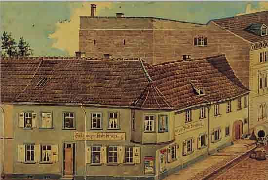 WINTERWERBER A., KARLSRUHER MALER, HIER:, ANSICHT DES GASTHAUSES "ZUR STADT STRAßBURG" IN KARSRUHE LANGESTRAßE (HEUTE KAISERSTRAßE), ...