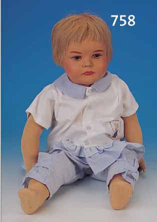 PUPPE, KäTHE KRUSE, 1956, MODELL KATHRINCHEN, BUNT BEMALTER KOPF, GE- STOPFTER STOFFKöRPER, STEMPEL AUF FUßSOHLE, GESAMTH. ...