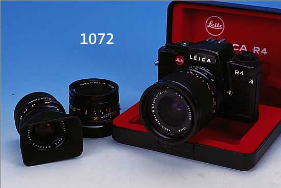 LEICA R4 1560831 BJ.1982 MADE IN PORTUGAL; DAZU ELMARIT-R 28MM 1:2.8; SUMMICRON-R 50MM 1:2 UND VARIO-ELMAR-R 28-70MM 1:3.5-4.5; ALLE IM ORIG. ...
