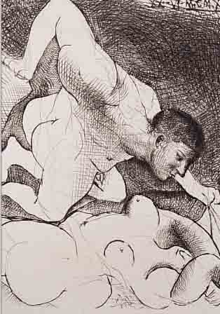 PICASSO, PABLO, 1881-1973, HOMME DEVOILANT UNE FEMME, OFFSETRADIERUNG (NEUAUFLAGE) DER SUITE VOLLARD VON 1931, CA. 34 X 26.7 CM, AUF BüTTEN VON ...