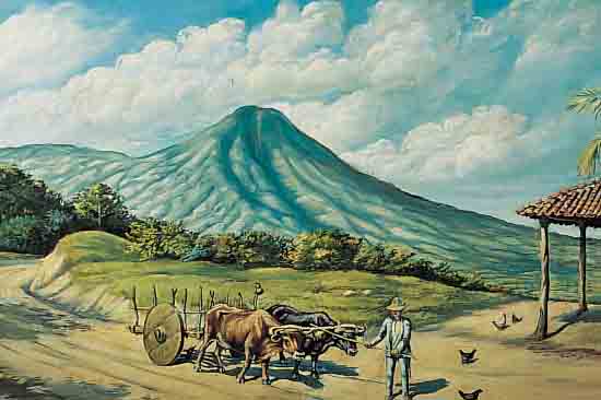 ZIG ZAG, *1937 FRANKREICH, INTERNATIONAL GE-SCHäTZTER NAIVER KüNSTLER, HIER: SüDLäNDISCHE LANDSCHAFT MIT BAUERN UND RINDERKARREN, ...