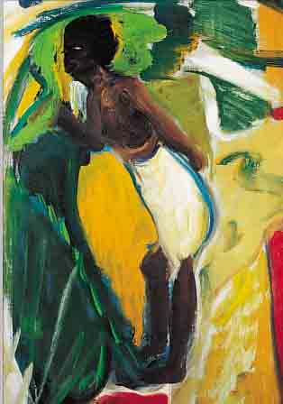 ZIMMERMANN, MICHAEL, ZEITGEN. KüNSTLER, WEIBLICHE FIGUR, UMGEBEN VON FARBWIRBELN, ACRYL/PAPIER, SIGN., DAT., VERSO KLEBEZETTEL, 60 X 50 CM, ...