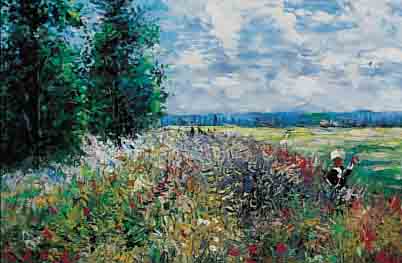 ZEITGENöSSISCHER IMPRESSIONIST, BLüHENDES FELD MIT PERSONENSTAFFAGE, ÖL/LWD., 50 X 60 CM, R.