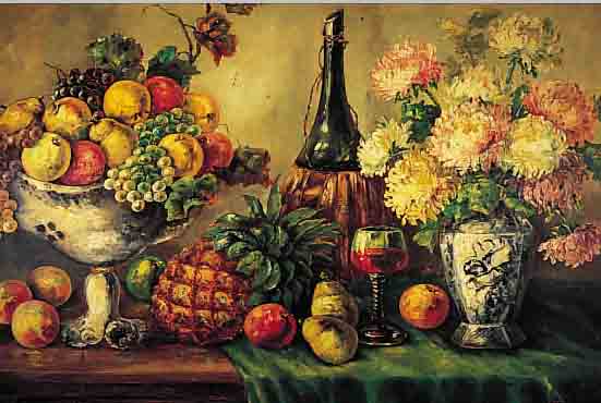 SCHOLZ, DüSSELDORFER MALER, UM 1920/30, HIER: STILLEBEN MIT FRüCHTESCHALE U. BLUMEN, ÖL/LWD. (REST.), RE. U. SIGN., 80 X 120 CM, R.