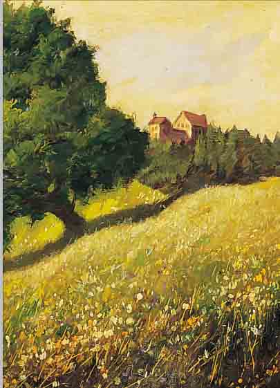 STAUFERT, A., DATIERT 1949, WIESENANDSCHAFT MIT LANDSCHLOß, ÖL/MALKARTON, RE. U. SIGN., CA. 42 X 43 CM, R.