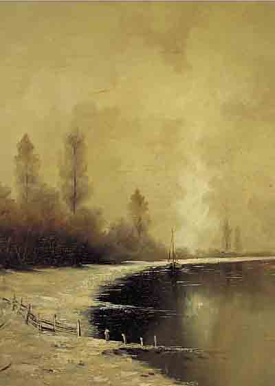 SCHüZ, G.M., MALER DER DüSSELDORFER SCHULE, WINTERLICHE SEEUFERLANDSCHAFT, ÖL/HOLZ, RE. U.SIGN., CA. 60 X 50 CM, R.