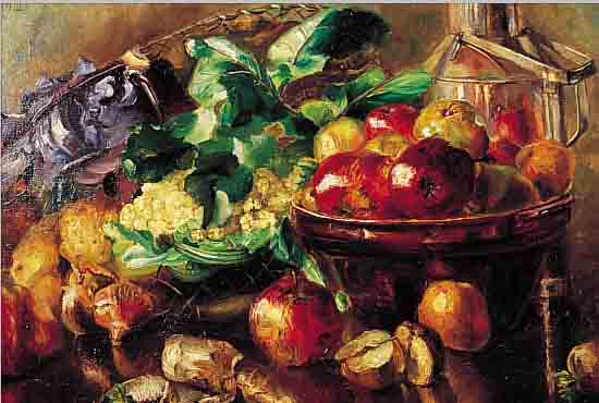 PASCH, E., DEUTSCHER MALER, DATIERT 1907, REICHES STILLEBEN MIT OBST UND GEMüSE, ÖL/ LWD., LI. O. SIGN. UND DAT., CA. 40 X 60 CM, R.