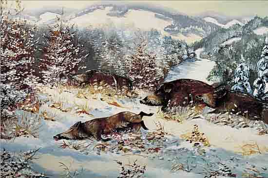 SCHöNGARTH, L., 50ER JAHRE, , WILDSCHWEINJAGD IM WINTER, ÖL/LWD, RE. U. SIGN., CA. 60 X 80 CM, R.