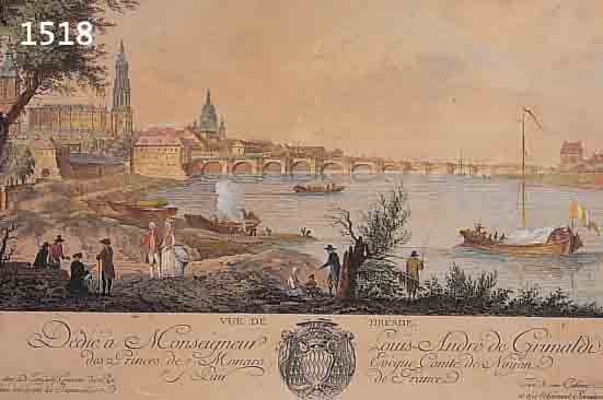KOLORIERTER STAHLSTICH, FRANKREICH, FRüHES 19. JH., BLICK AUF DRESDEN, GEBRäUNT, AM LINKEN RAND MIN. EIN- GERISSEN, ...