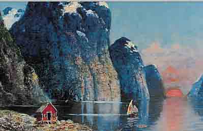 UNBEKANNTER MALER, SKANDINAVIEN, UM 1920, NORWEGISCHE FJORDLANDSCHAFT, ÖL/LWD, RE. U. UNLESERLICH SIGN., LEICHT BESCH., CA. 23.5 X 28.5 CM, ...