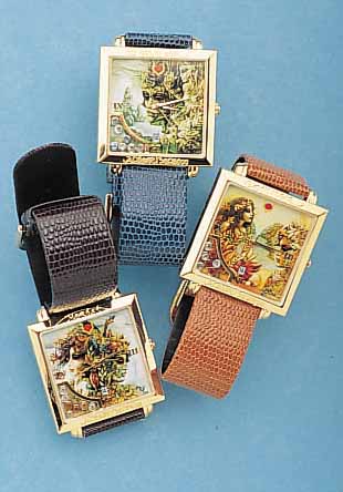 ALBERT BELASCO SAMMLERSET: 4 DESIGNERARMBAND- UHREN MIT DARSTELLUNG DER 4 JAHRESZEITEN, LIMITED EDITION LT. EINL. 1000 STüCK, VORDER- U. RüCKS. ...