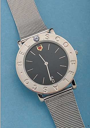 ALBERT BELASCO DESIGNERHERRENARMBANDUHR, DEUTSCHLAND UM 1997, METALL INCL. METALL- FLECHTBAND RHOD., EDELST.-BODEN GEDR., LIMITEDEDITION LT. ...