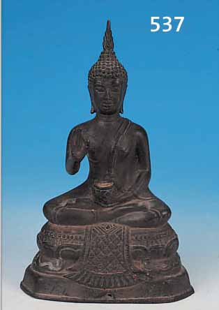 BUDDHASKULPTUR, SOKOTHAI, UM 1600, FEINER BRONZEGUß, AUF DOPPELTEM LOTUS- SOCKEL SITZEND, H. CA. 24 CM