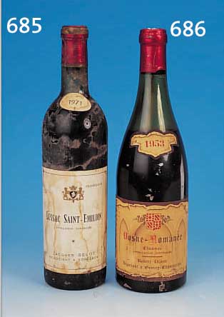 KONV. 6 FLASCHNE ROTWEIN, 1. CHATEAU MOUTON ROTHSCHILD, 1970, ETIKETT MARC CHAGALL, 2. GRAND ECHEZEAUX, 1963, NUMMERIERT, DOANE: ...