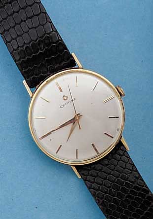 CERTINA HERRENARMBANDUHR, REF.-NR. 4109/030,SCHWEIZ UM 1965, GG 585/000, FLACHE AUSF., GLASR. GEDR., ORIG.-ETUI, LEDERB. SEK., BLATT VERS., ...
