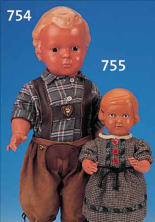 PUPPE, STORCH, UM 1938, CELLULOID, AUFGE- MALTE BLAUE AUGEN, KLEIDUNG SEK., H. CA. 35 CM, L. ALTERSSP.