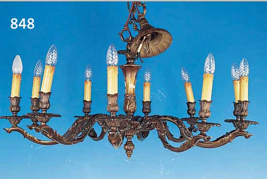 DECKENLAMPE, DEUTSCH, UM 1910, BRONZE MAS- SIV, ZEHN BRENNSTELLEN, H. 85 CM, D. 90 CM, ELEKTR. NICHT GEPRüFT, L. ALTERSSP.