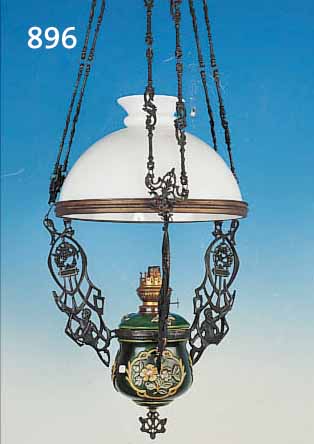 DECKENPETROLEUMLAMPE, FRIESLAND, UM 1900, MAJOLIKAKORPUS, RELIEFIERTER FLORALER DEKOR, BUNT BEMALT, METALLMONTUR, HöHENVERSTELLBAR, D. 50 CM, ...