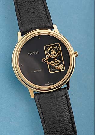 IAXA HERRENARMBANDUHR QUARTZ, SCHWEIZ UM 1995, METALL GOLDAUFL., EDELST.-BODEN, MINE- RALGL., LEDERB., EZ 1-2
