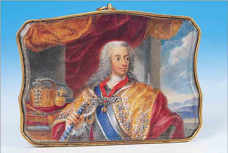 MINIATURMALEREI, ÖSTERREICH, UM 1780, GOUACHE WOHL AUF ELFENBEIN, PORTRäT DES KAISERJOSEPH I., SEHR FEINE DETAILREICHE MALEREI, CA. 5.2 X ...
