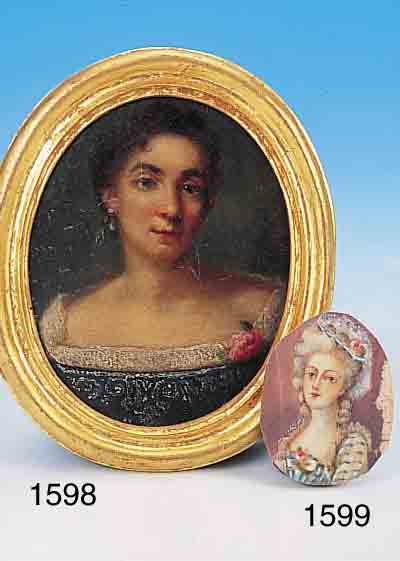 MINIATURMALEREI, DEUTSCH, UM 1860, PORTRäT EINER FRAU, ÖL/KUPFER, MIT KLEINEREN FARBSCHäDEN, IM OVAL CA. 6.5 X 5.5 CM