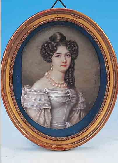 MINIATURMALEREI, SIGN. F.M. HEIGEL, DATIERT 1829, PORTRäT EINER JUNGEN FRAU, AUßER- ORDENTLICH FEINE DIFFERENZIERTE GOUACHE- MALEREI ...