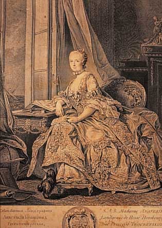 KUPFERSTICH, DATIERT 1761, PORTRäT DER LANDGRäFIN VON HESSEN-HOMBURG AM SCHREIB- TISCH, CA. 54 X 39 CM, GEBRäUNT, STOCK- FLECKIG, ...