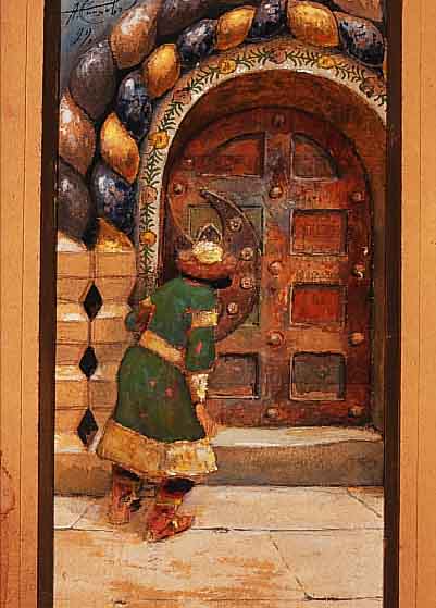 RUSSISCHER KüNSTLER, DATIERT (18)99, VOR DER TüR, MEHRFARBIGES AQUARELL, LI. O. UNLESERLICH SIGN., CA. 33 X 16 CM