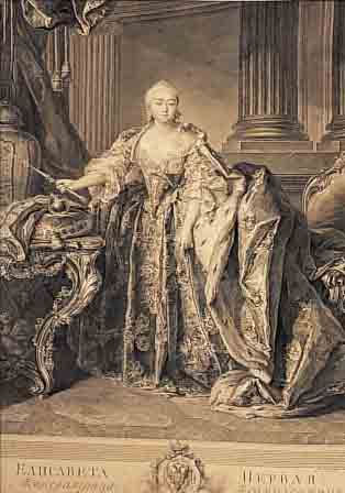 KUPFERSTICH, RUSSLAND, DATIERT 1761, PORTRäT DER ELISABETH, LEICHT GEBRäUNT UND STOCKFLECKIG, CA. 67 X 50 CM, WELLIG