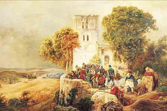 UNBEKANNTER KüNSTLER ENDE 19. JH., KOPIE NACH KARL FRIEDRICH LESSING, HIER: SCHLACHTEN-SZENE, ÖL/LWD., UNLESBAR SIGNIERT, 55 X 80 CM
