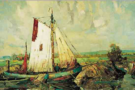 PRIEBE, RUDOLF, *1889 HAMBURG, MARINEMALER AKADEMIE BRESLAU, HIER: FISCHERBOOT AN KüSTE, ÖL/LWD., SIGNIERT, 60 X 80 CM, R.