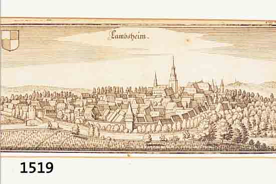 KUPFERSTICH VON M. MERIAN, UM 1650, LAMBSHEIM IN DER PFALZ, GESAMTANSICHT, CA.7,5 X 17,5 CM, PP, U.GL., R.