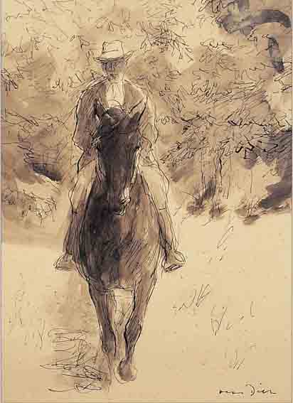 DILL, OTTO, 1884 NEUSTADT-1957 BAD DüRKHEIM, PFERD UND REITER TRETEN AUS DEM WALD, LA- VIERTE UND AQUARELLIERTE TUSCHFEDERZEICHNUNG, RE. U. ...