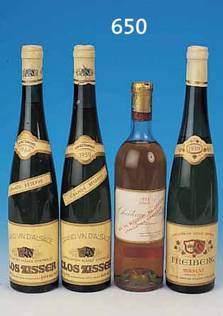 KONVOLUT AUS 4 FLASCHEN WEIN: 1952 CHATEAU GILETTE SAUTERNES, ROSE, 0.75 L; 1959 FREIBERG MUSCAT ALSACE, 0.75 L; 1964 UND 1959 ...