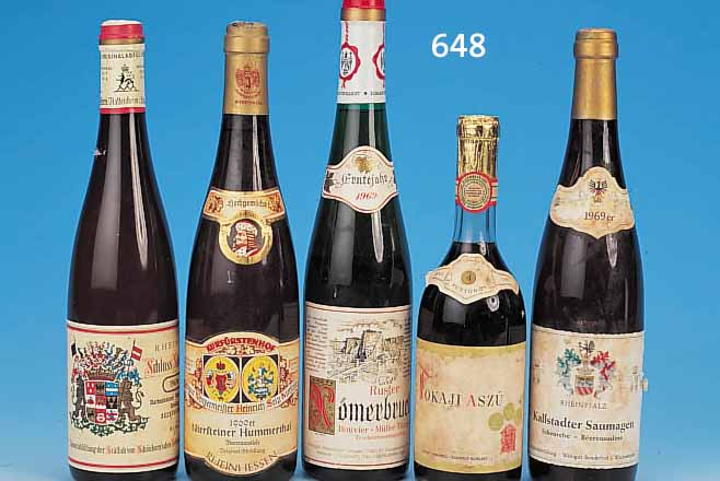 KONVOLUT 8 FLASCHEN WEIN: 2 X NIERSTEINER HUMMERTHAL 1969, BEERENAUSLESE1 X NIERSTEINER PATERBERG 1969, AUSLESE, 2 X RUSTER ...