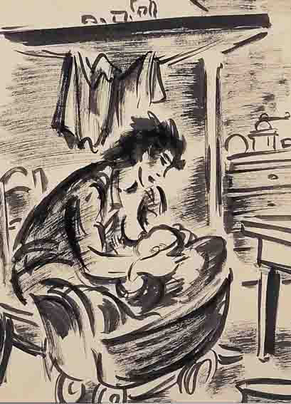 MASEREEL, FRANS, 1889-1972, MUTTER MIT KIND IN DER WIEGE, TUSCHPINSEL- ZEICHNUNG, MONOGRAMMIERT UND DAT. 1944, CA. 25,5 X ...