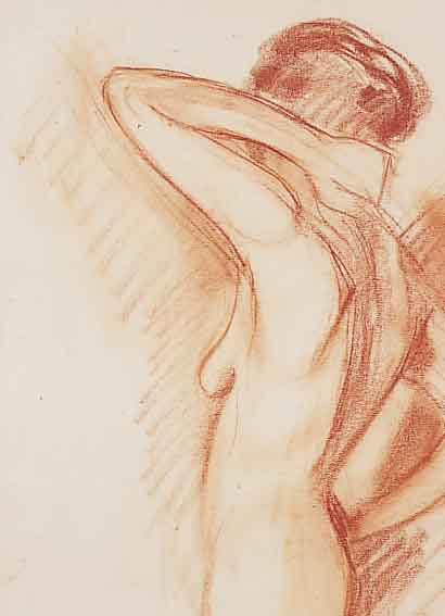 PURRMANN, HANS, 1880-1966, STEHENDER WEIBLICHER AKT, RöTELZEICHNUNG, LI. U. HANDSIGN., MIT ...