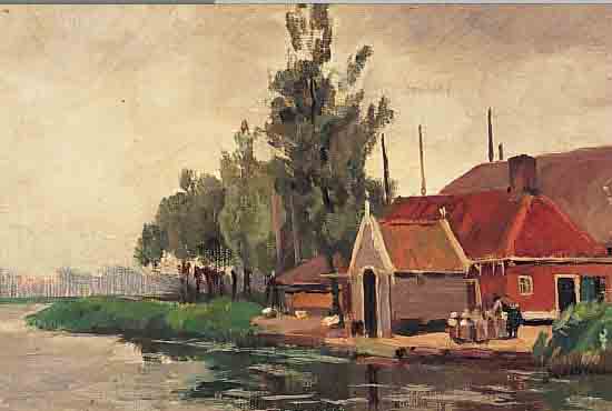 HESTERMANN, JOHANNES ALBERTUS D.J., AMSTERDAM 1877-1955, GEHöFT AM UFER, ÖL/LWD,RE. U. SIGN., CA. 20 X 28 CM, R.
