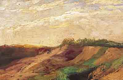 WEINBERGER, ANTON, 1843-1912, ABENDSTIMMUNG, DüNENLANDSCHAFT, ÖL/MALKARTON, GEWöLBT, RüCKSEITIG NACHLAßSTEMPEL UND ALTES ETIKETT ...