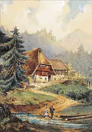 FECHTER, EMERICH, 1854 FRIEDBERG/BöHMEN-1912 WIEN, BAUERNGEHöFT IN DEN BERGEN, AQUARELL/ PAPIER, LI. U. MONOGR. UND DAT. 76, CA. 19 X 15 CM, PP, ...
