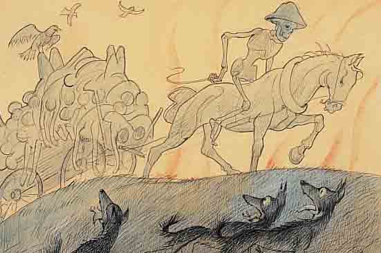 STEIGERWALDT, E., DEUTSCHER GRAFIKER, ARBEI- TETE FüR DEN SIMPLICISSIMUS, HIER: ERNTE, GOUACHE AUF PAPIER, AUS DEN TOTENTANZ-ENT- WüRFEN, ...