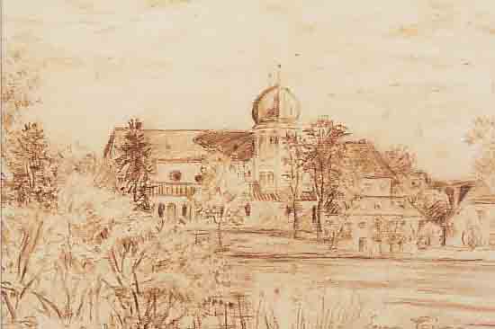 SPIRO, EUGEN, 1874-1972, DORFANSICHT MIT GäRTEN UND KIRCHE, SEPIA- ZEICHNUNG, RE. U. SIGN. UND DATIERT 21, CA. 23,5 X ...