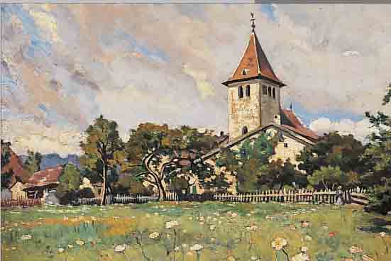 HéBERT, CHARLES, GEB. 1885 GENF, WAR ANSäSSIG IN PARIS, LANDSCHAFT MIT BLüENDER WIESE UND DORFKIRCHE, ÖL/LWD, LI. U. SIGN., CA. 33,5 X 40 CM, R.