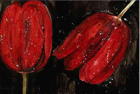 BRETSCHNEIDER, MELANIE, ZEITGENöSSISCHE MALERIN, LEBT IN MüNCHEN, STILLEBEN MIT ROTEN TULPEN AUF SCHWARZEM GRUND, GOUACHE AUF HARTFASER, ...